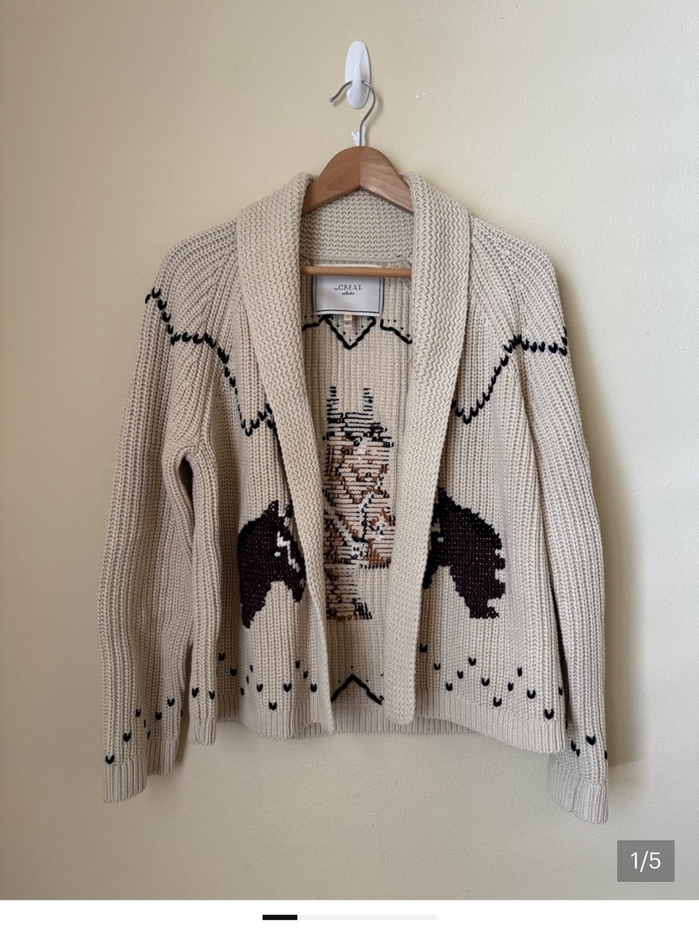 ISO THE GREAT. Cream Open-Front Knit Cardigan with Brown and Black Pattern